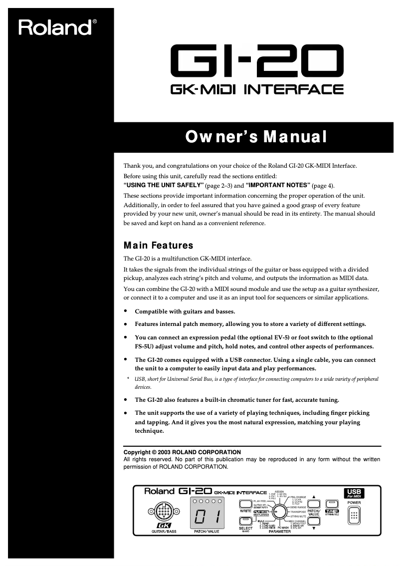 Page 1 de la notice Manuel utilisateur Roland GI-20