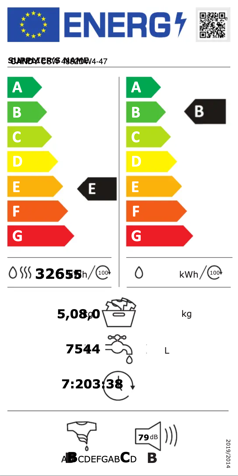 Page n°1 - Label énergétique Candy CSW 4852DW4-47