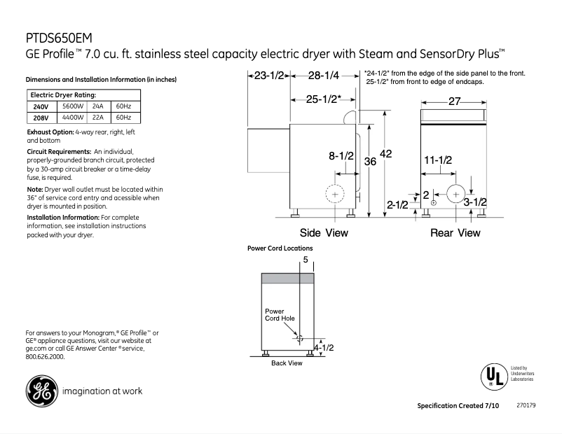 Page n°1 - Fiche technique GE Profile PTDS650EMWT