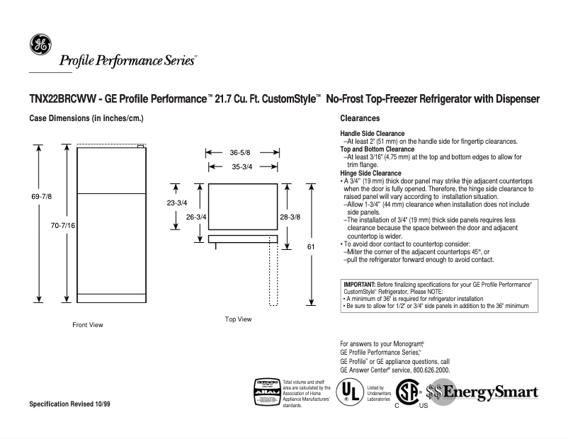 Página 1 del manual Ficha técnica GE Profile Performance TNX22BRCLWW