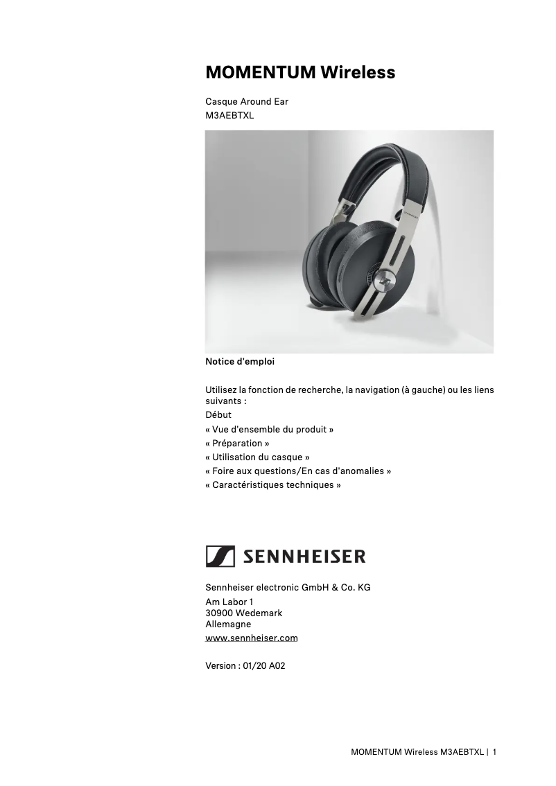 Page n°1 - Manuel utilisateur Sennheiser Momentum 3 Wireless