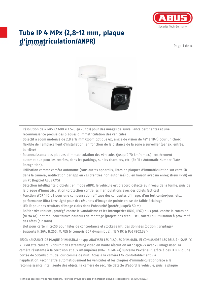Page n°1 - Fiche technique Abus IPCS64531