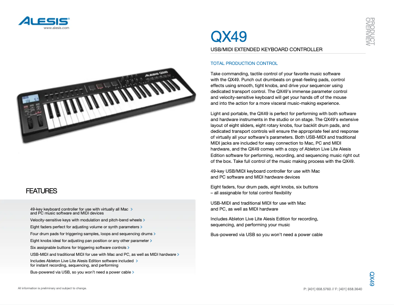 Page 1 de la notice Manuel utilisateur Alesis QX49