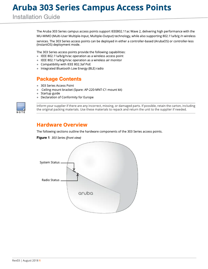 Page 1 de la notice Manuel utilisateur HP Aruba AP-303