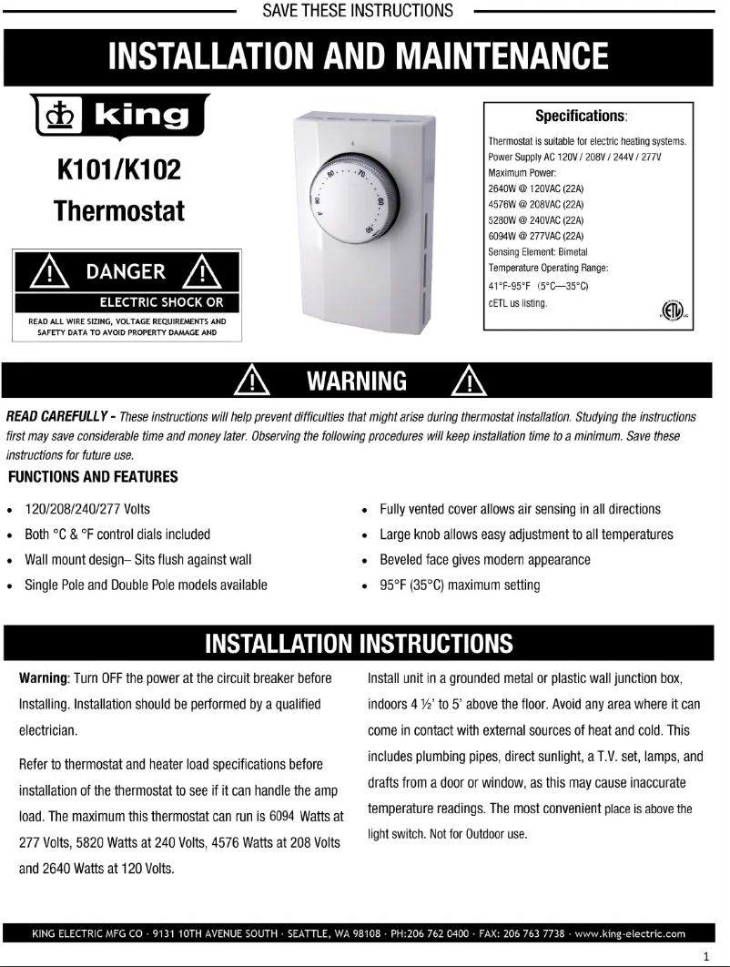 Page 1 de la notice Manuel utilisateur King K101