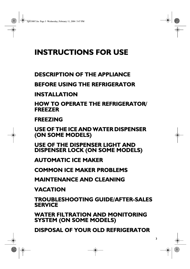Page 1 de la notice Manuel utilisateur Whirlpool S20E RBB2V-A/G