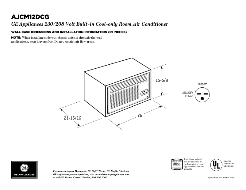 Página 1 del manual Ficha técnica GE AJCM12DCG