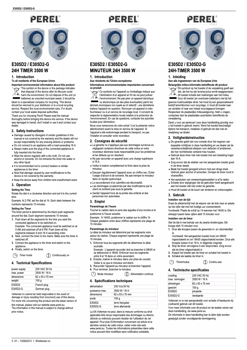 Page 1 de la notice Manuel utilisateur Perel E305D2-G