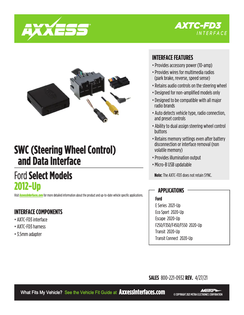 Page 1 de la notice Fiche technique Metra AXTC-FD3