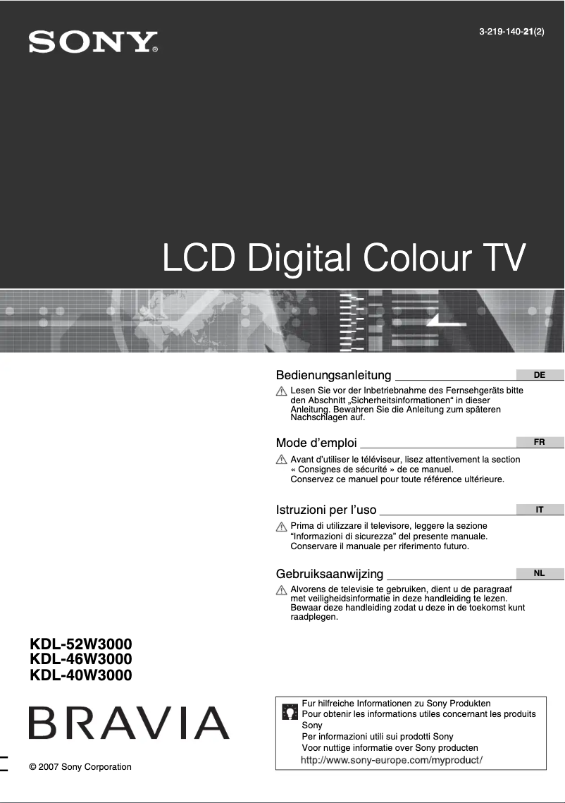 Image de la première page du manuel de l'appareil Bravia KDL-40W3000