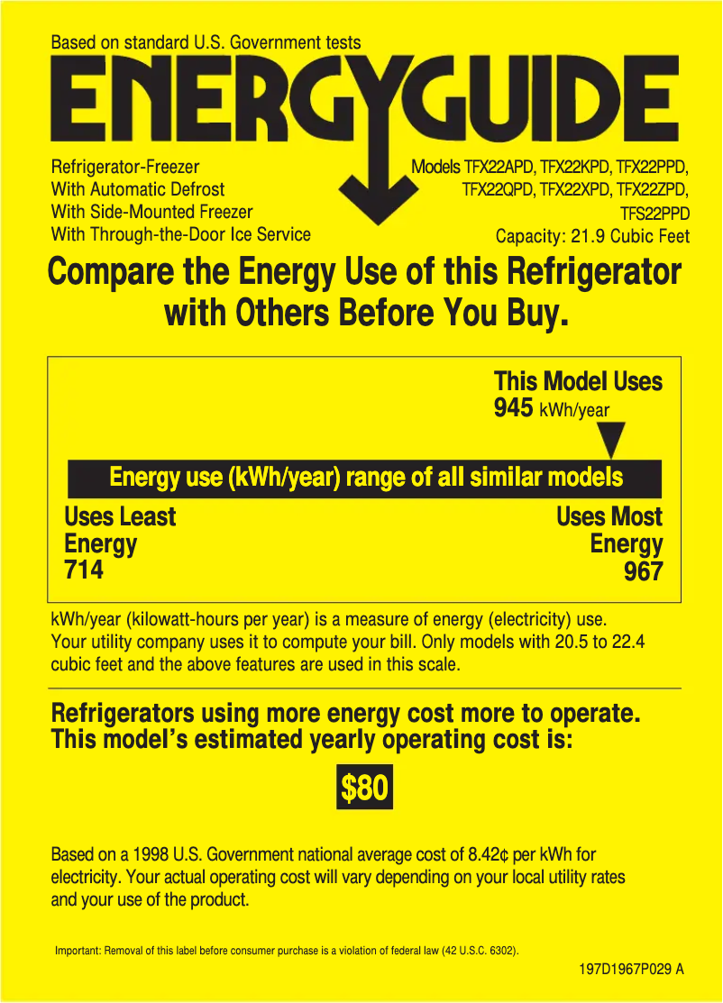 Page 1 de la notice Label énergétique GE Profile Performance TFX22PPDBB
