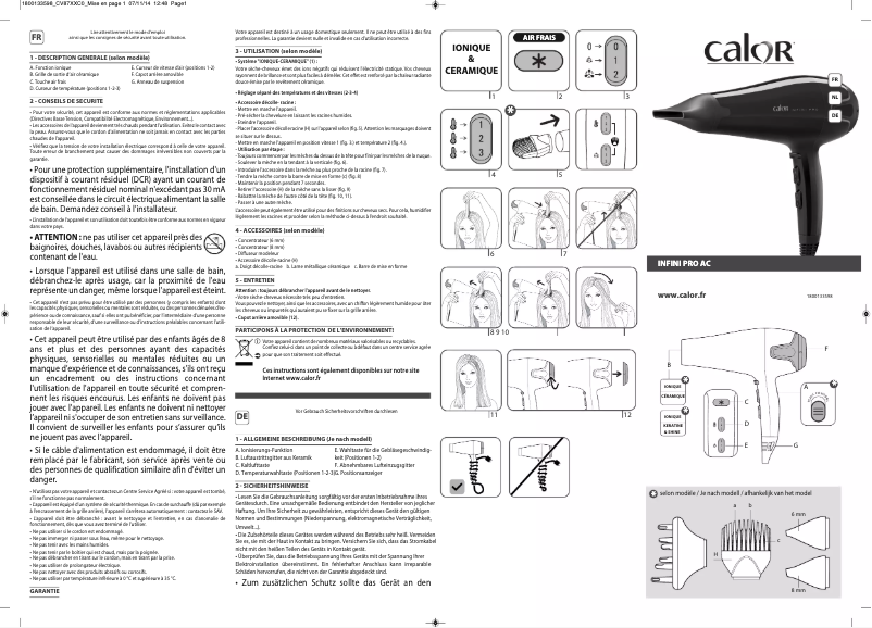 Page 1 de la notice Manuel utilisateur Calor Infinite Pro Elite CV8732C0