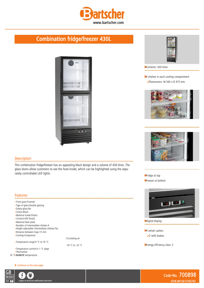 Page 1 de la notice Fiche technique Bartscher 700898