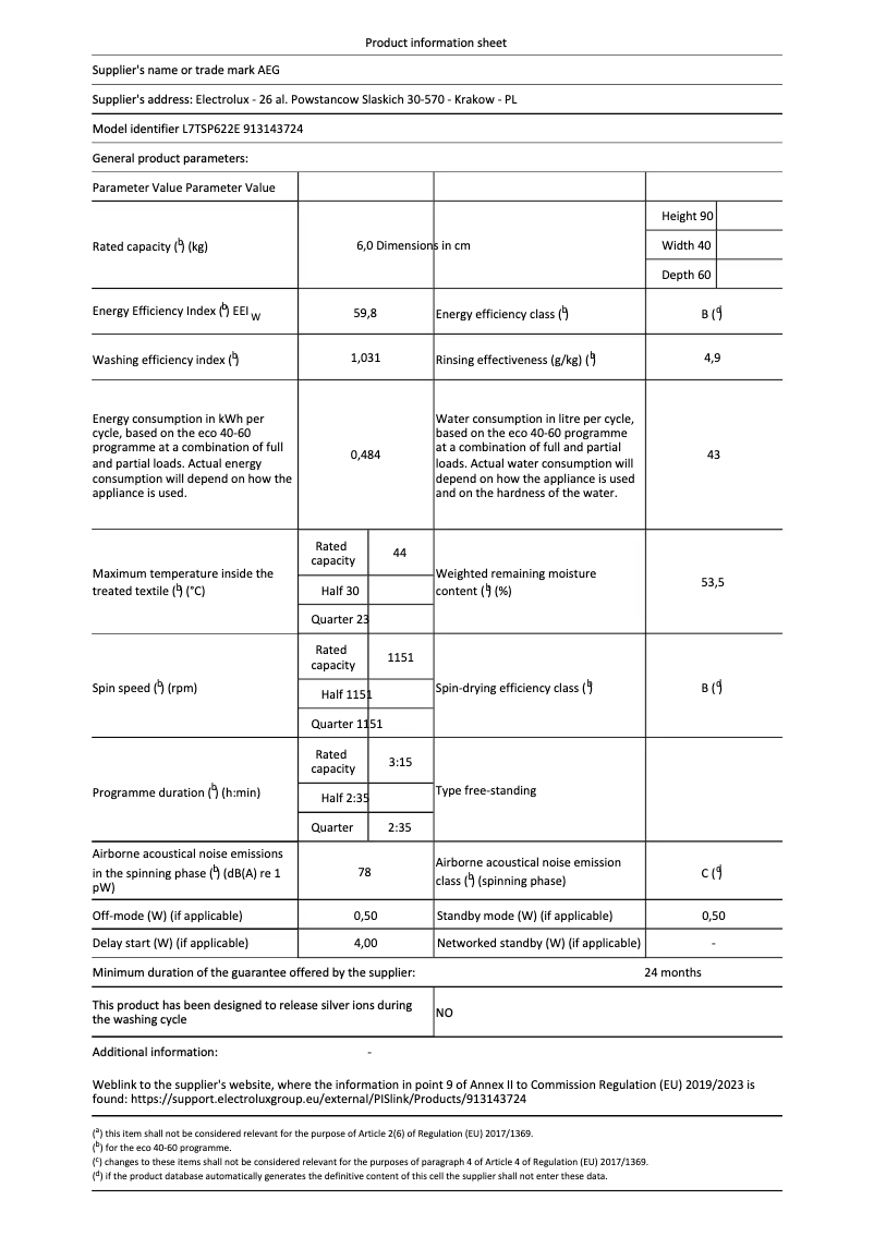 Page 1 de la notice Fiche technique AEG 7000 ProSteam L7TSP622E