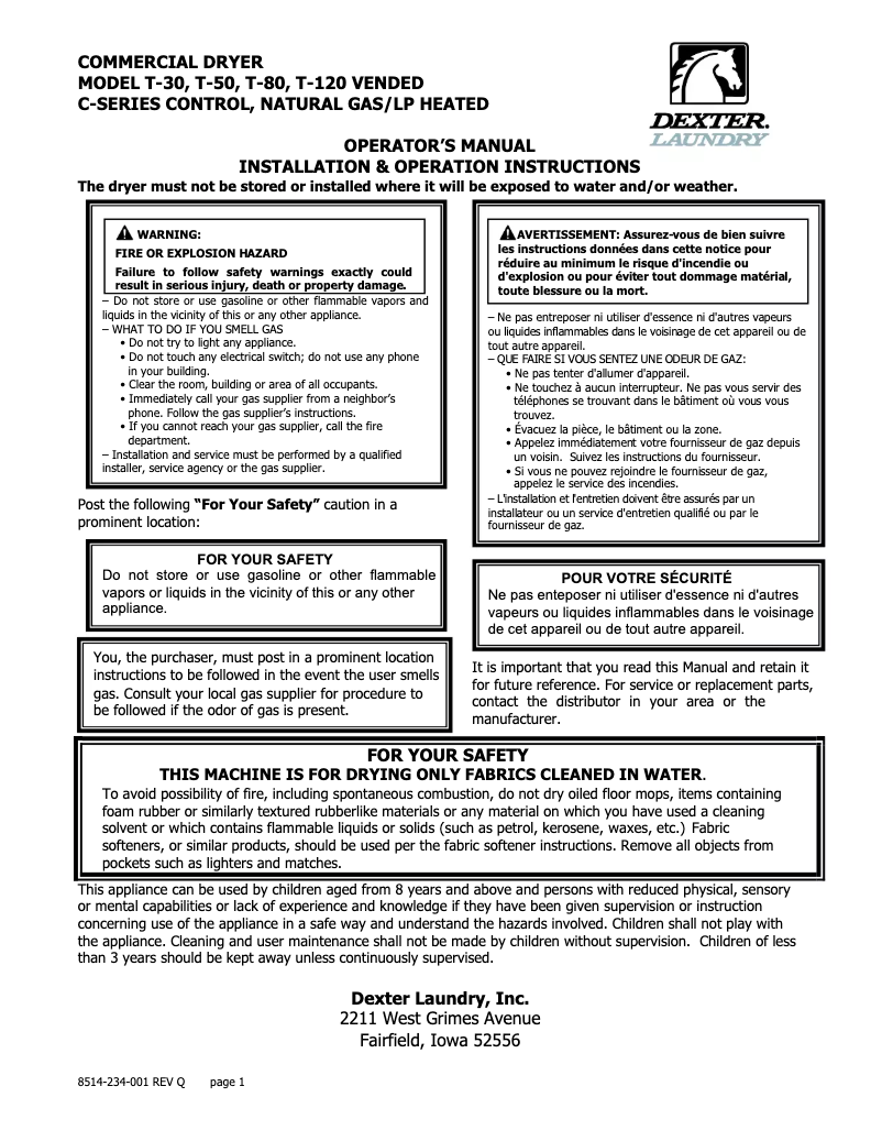 Page 1 de la notice Manuel utilisateur Dexter Laundry T-50