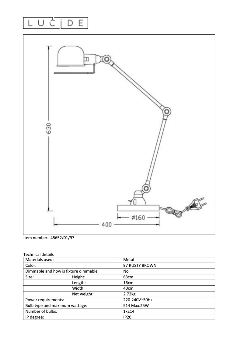 Page 1 de la notice Manuel utilisateur Lucide Honore