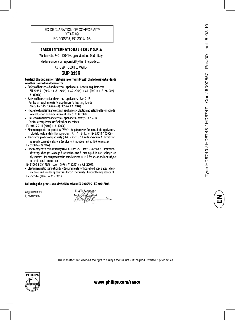 Page 1 de la notice Manuel utilisateur Philips Saeco Xsmall RI9743