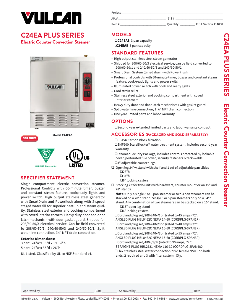 Page 1 de la notice Fiche technique Vulcan C24EA5 PLUS