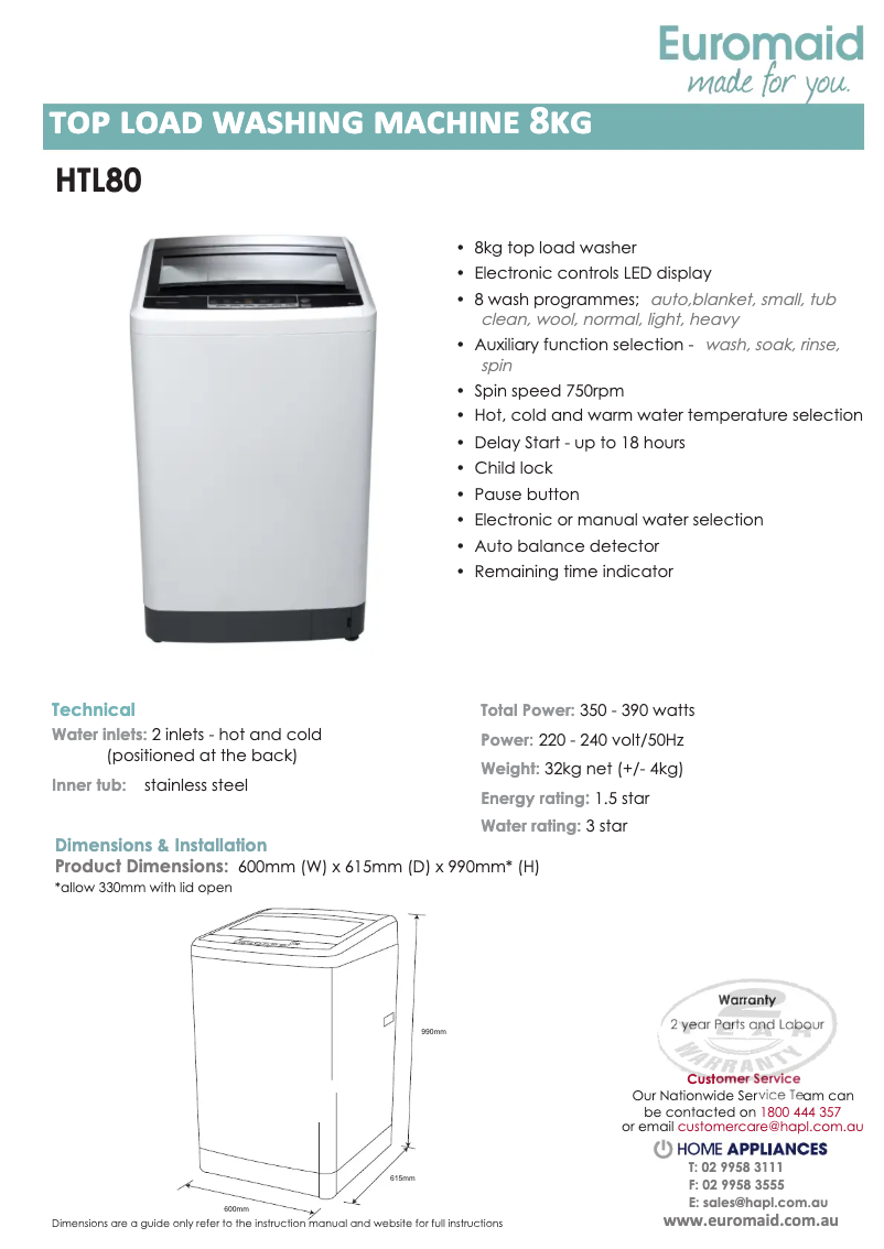 Page 1 de la notice Fiche technique Euromaid HTL80