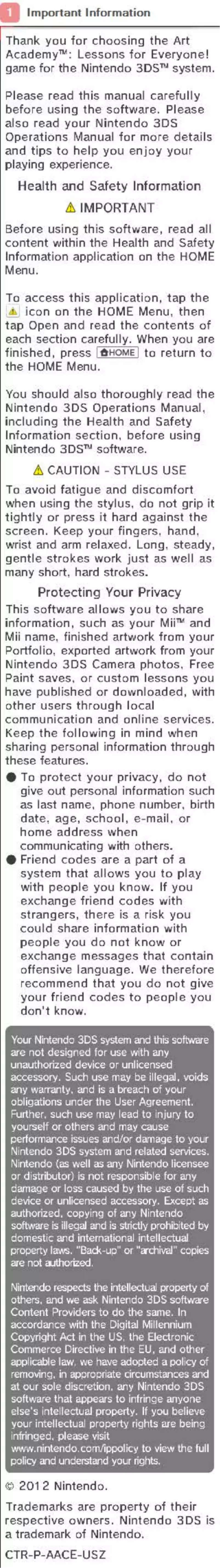 Page 1 de la notice Manuel utilisateur Nintendo Art Academy - Lessons for Everyone (3DS)