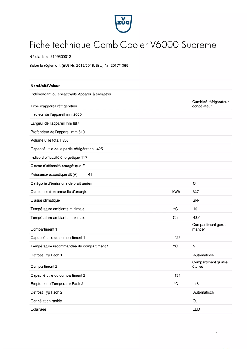 Page 1 de la notice Fiche technique V-Zug CombiCooler V6000 Supreme