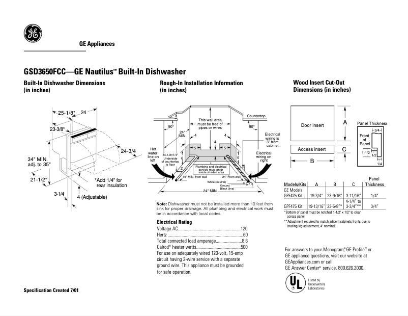 Página 1 del manual Ficha técnica GE GSD3650FCC
