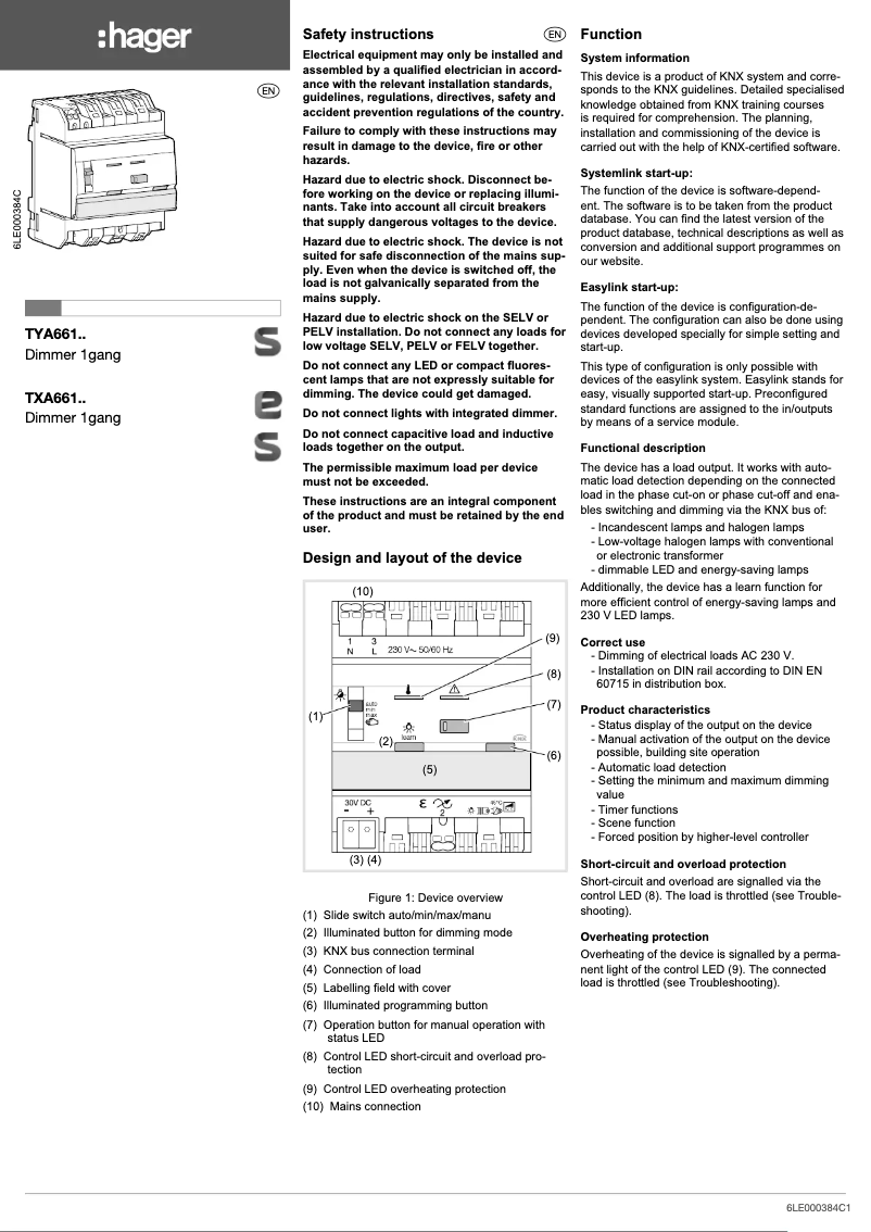 Page n°1 - Manuel utilisateur Hager TYA661A