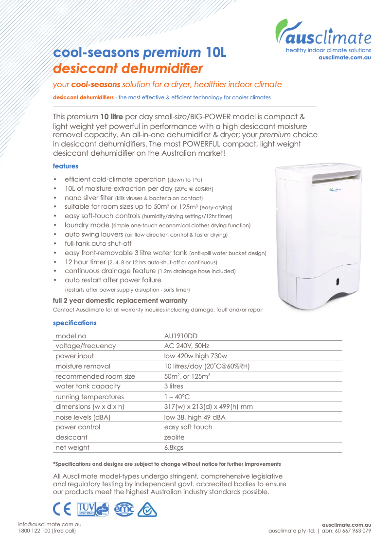Page n°1 - Fiche technique Ausclimate Cool Seasons Premium 10L AU1910DD