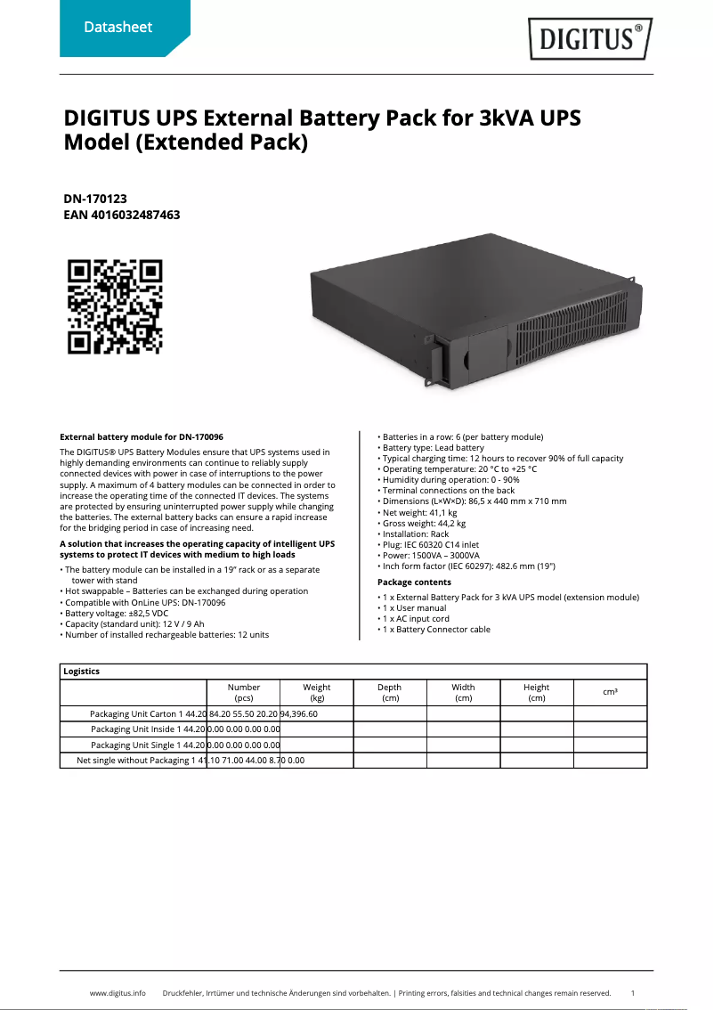 Page 1 de la notice Fiche technique Digitus DN-170123