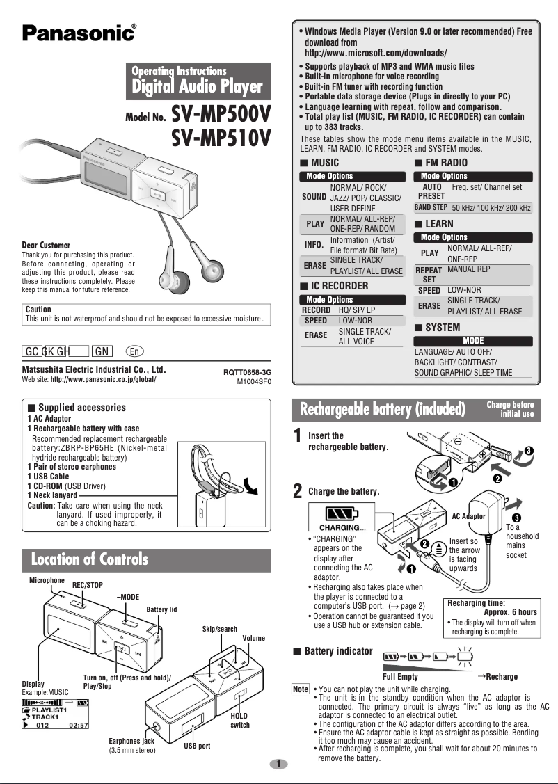 Page n°1 - Manuel utilisateur Panasonic SV-MP500V