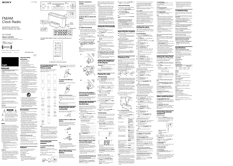 Page 1 de la notice Manuel utilisateur Sony ICF-CS10iP