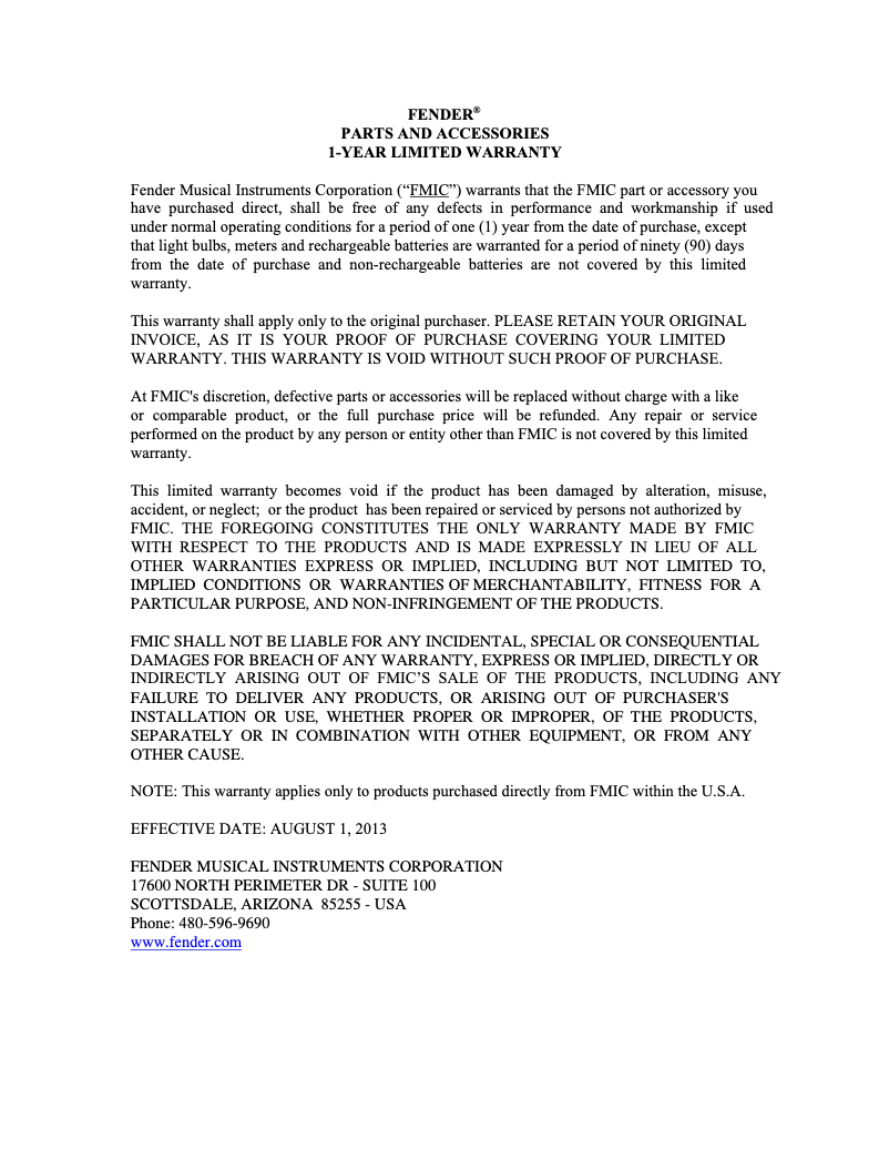 Page 1 de la notice Informations de garantie Fender Compugilist