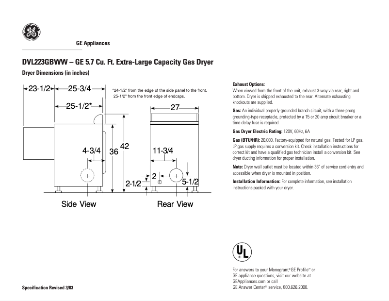 Page n°1 - Fiche technique GE DVL223GBWW