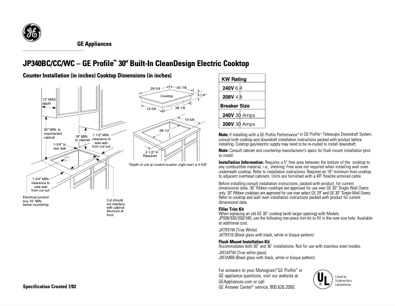 Page n°1 - Fiche technique GE JP340WCWW
