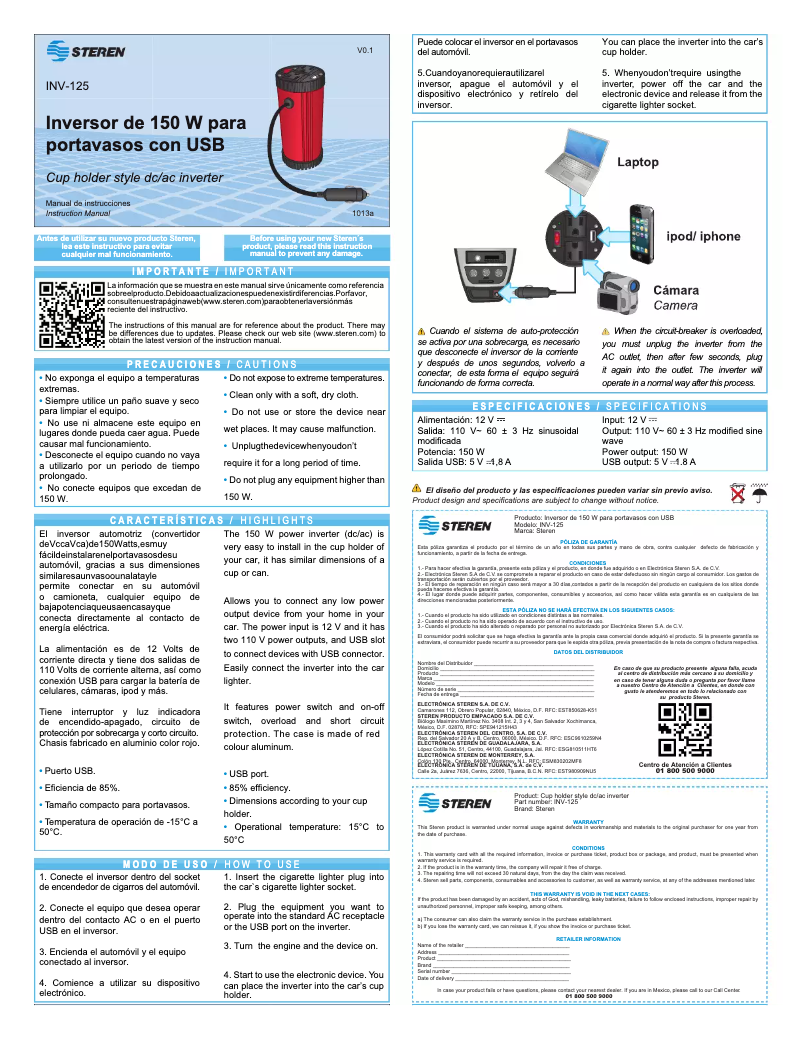 Page 1 de la notice Manuel utilisateur Steren INV-125