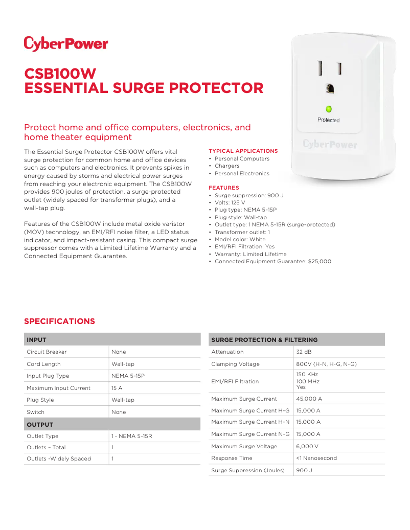 Page 1 de la notice Fiche technique CyberPower Essential CSB100W