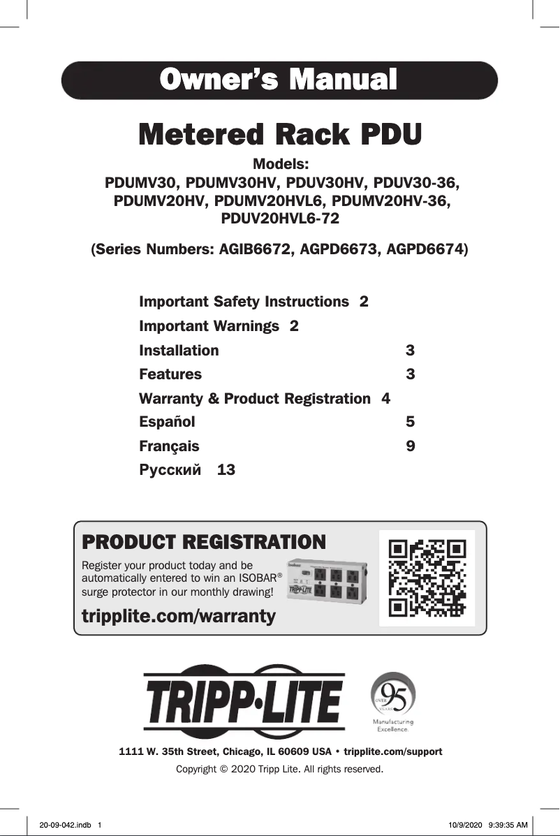 Page n°1 - Manuel utilisateur Tripp Lite PDUV20HVL6-72