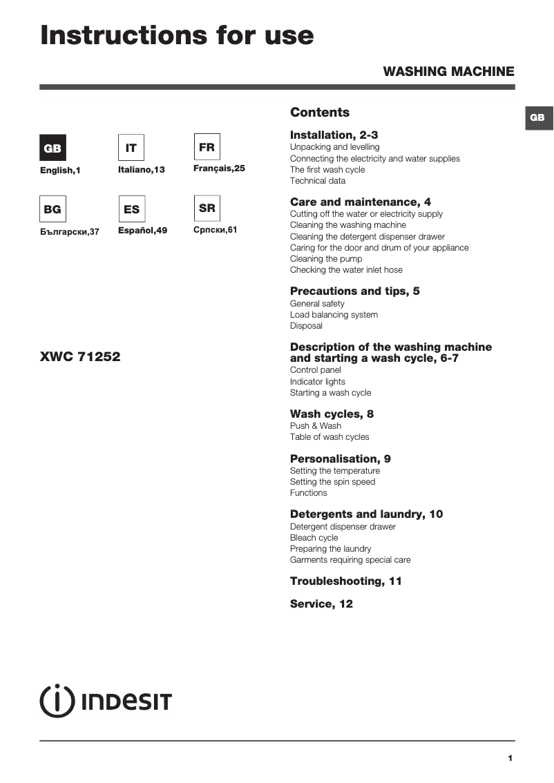 Image de la première page du manuel de l'appareil XWC 71252 W EU