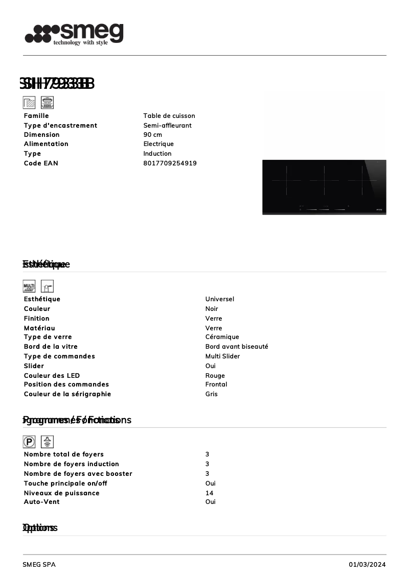 Page n°1 - Fiche technique Smeg SIH7933B