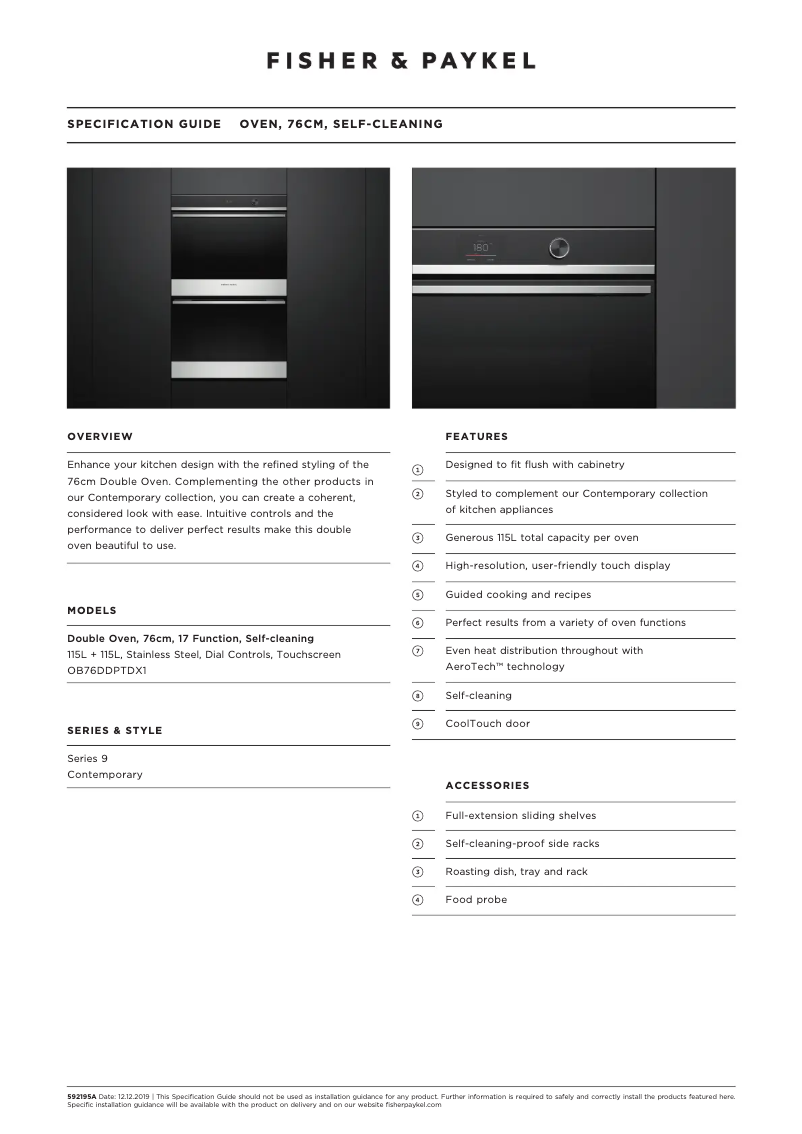 Page n°1 - Fiche technique Fisher & Paykel OB76DDPTDX1
