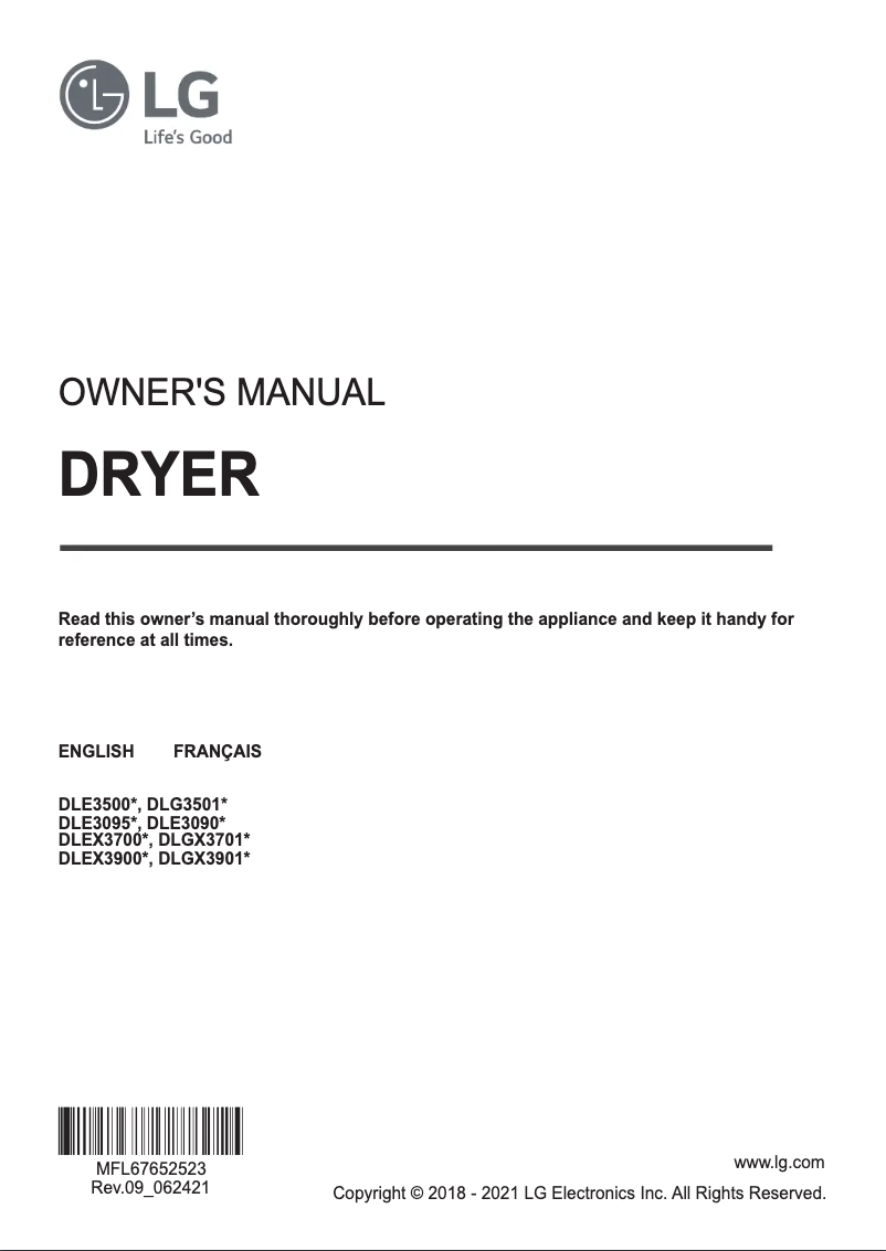 Page 1 de la notice Manuel utilisateur LG DLE3095W