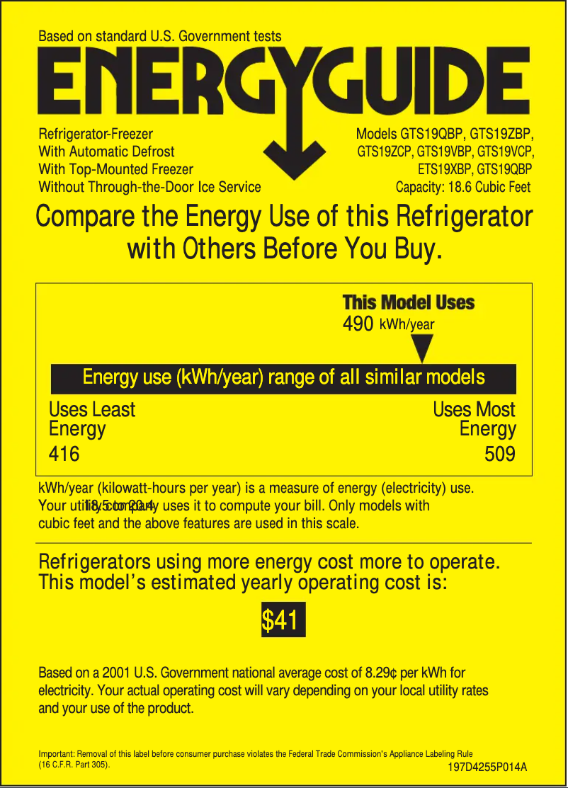 Page n°1 - Label énergétique GE GTS19QBPCC