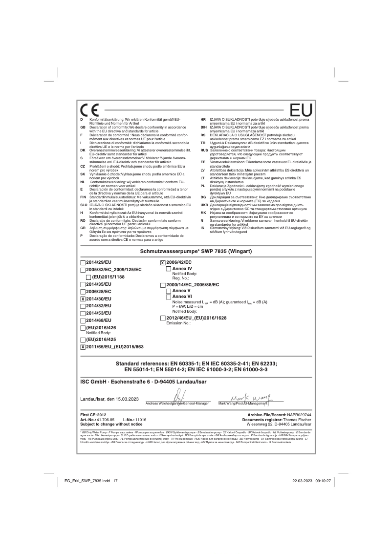 Page 1 de la notice Manuel utilisateur Wingart SWP 7835