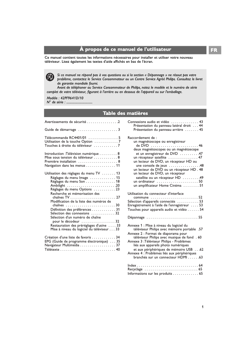 Page 1 de la notice Manuel utilisateur Philips 42PF7641D