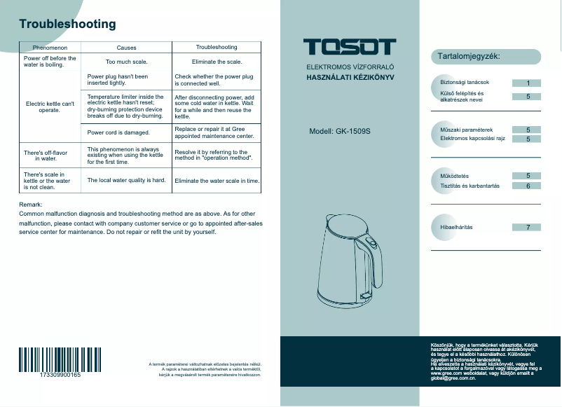 Page 1 de la notice Manuel utilisateur TOSOT GK-1509S