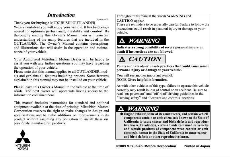 Page 1 de la notice Manuel utilisateur Mitsubishi Outlander (2010)