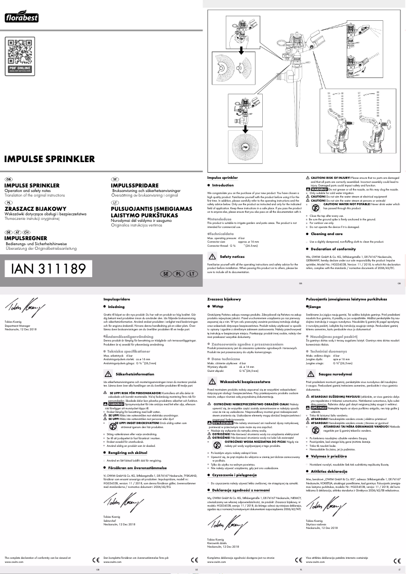 Page 1 de la notice Manuel utilisateur Florabest HG03453B