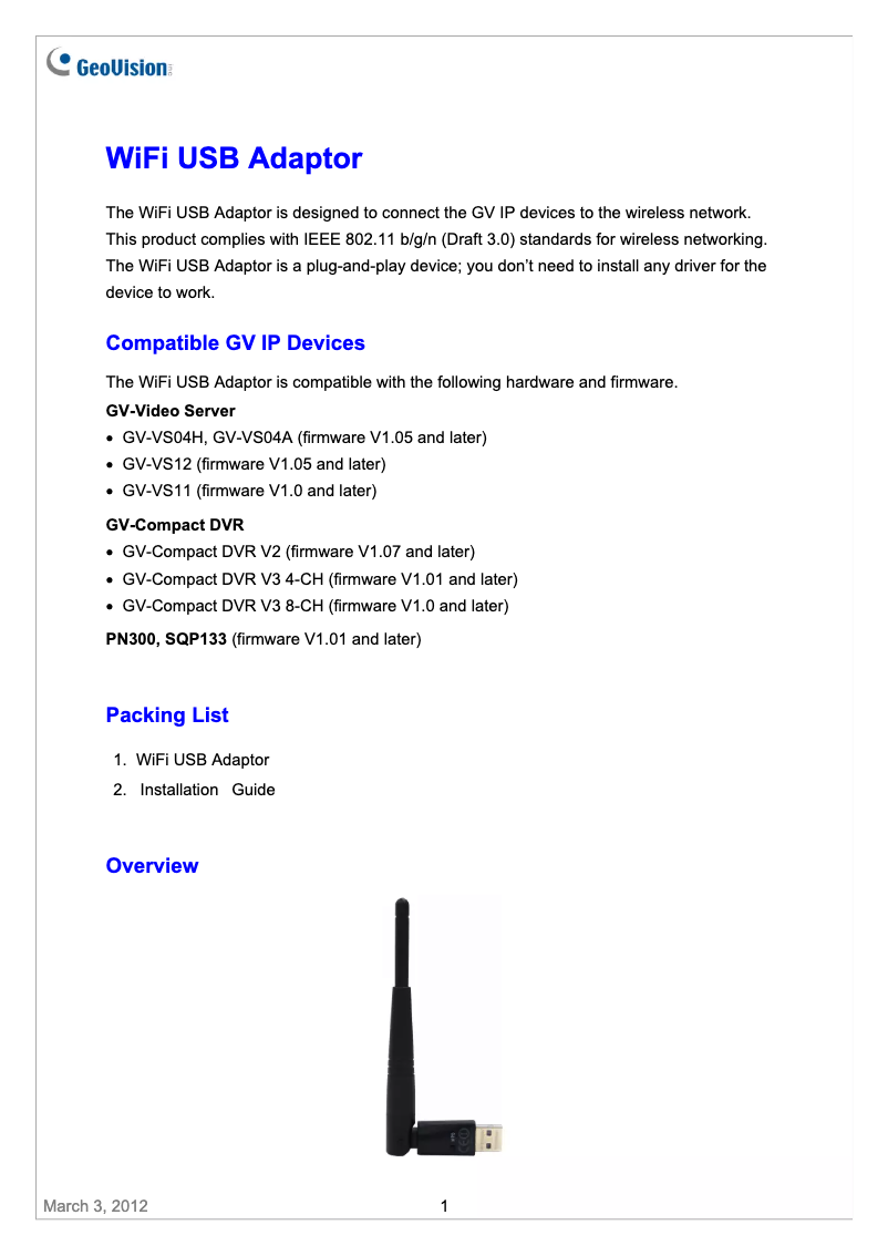 Página 1 del manual Manual de usuario Geovision WiFi USB Adapter