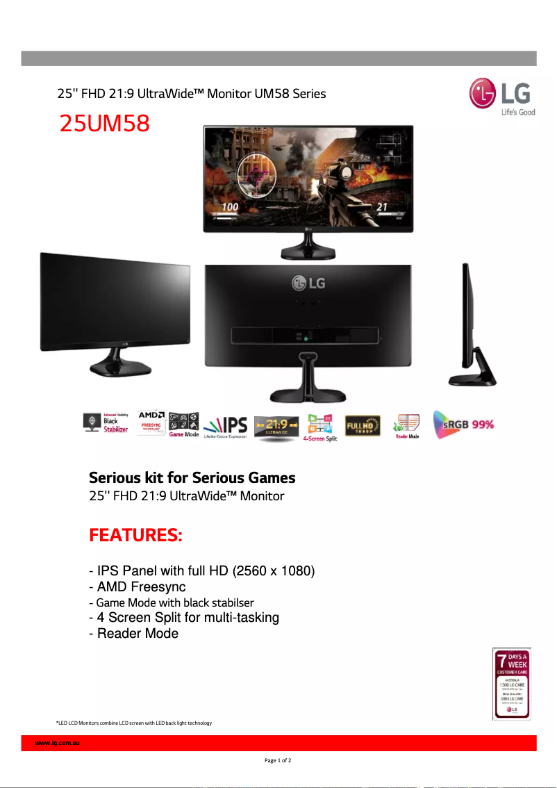 Página 1 del manual Ficha técnica LG 25UM58-P