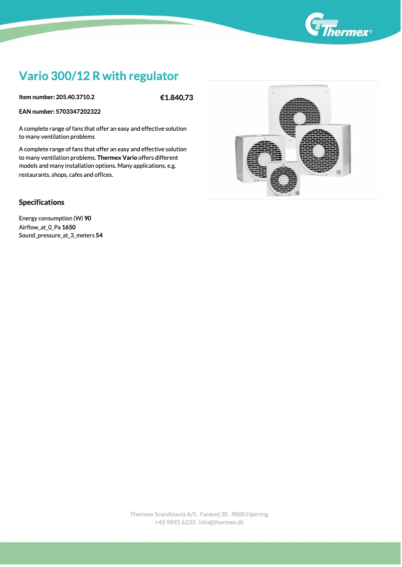 Page 1 de la notice Fiche technique Thermex Vario 230/9 R